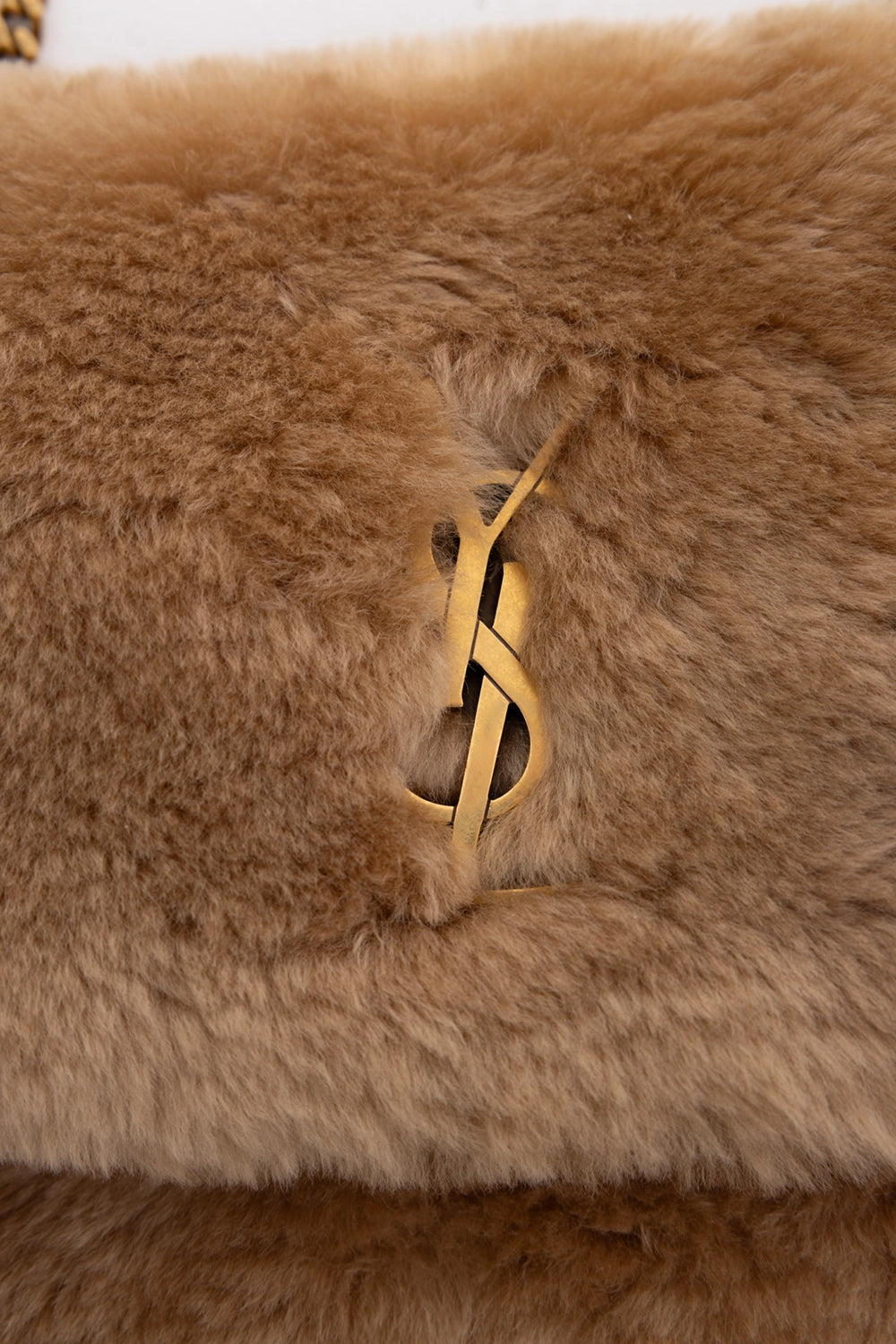 Pre-owned Saint Laurent women’s shoulder bag in camel, front view, gold chain strap and foldover flap