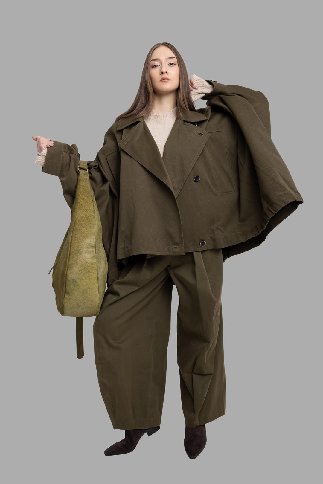 Uma Wang women's dark green Kew jacket, on-model full-length view with oversized cape silhouette and double-breasted front