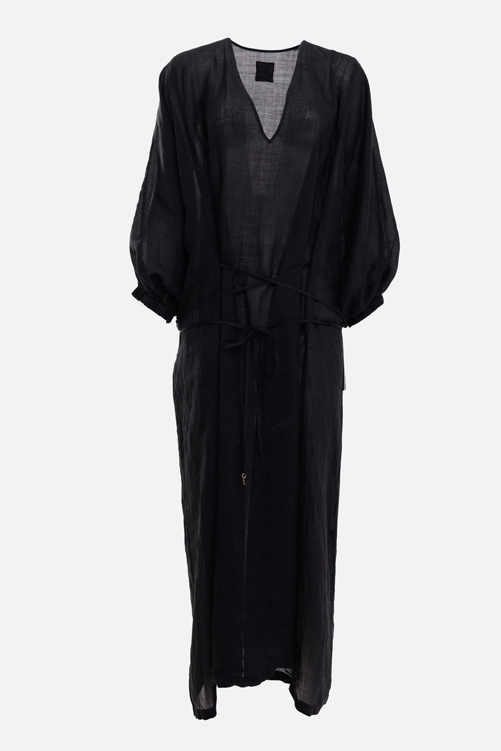 Fisico women kimono maxi dress in black, front view, deep V-neck and crisscross waist ties