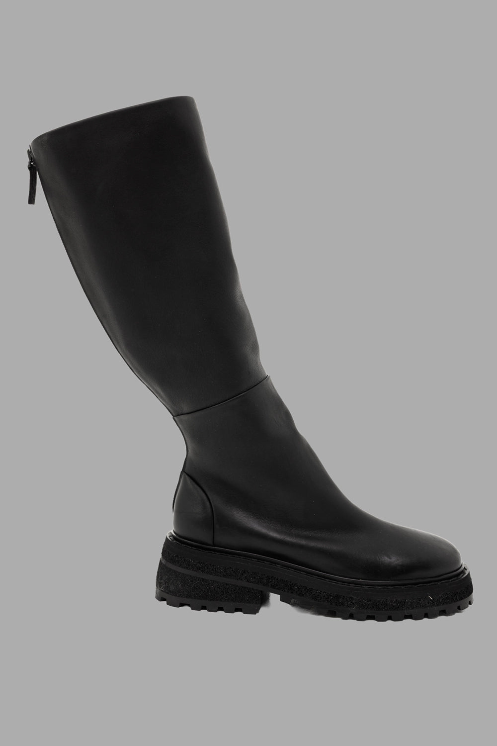 Marsèll women’s knee-high boots in black, side view, oiled calf leather and chunky lug sole