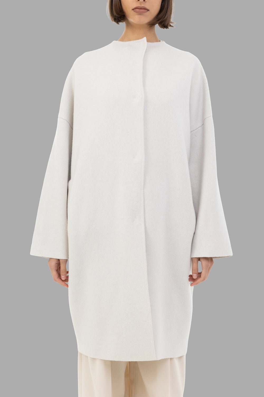 Gentry Portofino women knit coat in Stucco, front view, tonal button front and wide sleeves