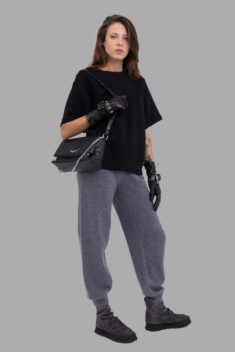 MSGM women knit joggers in dark grey, on-model full length, ribbed cuffs and elastic waist