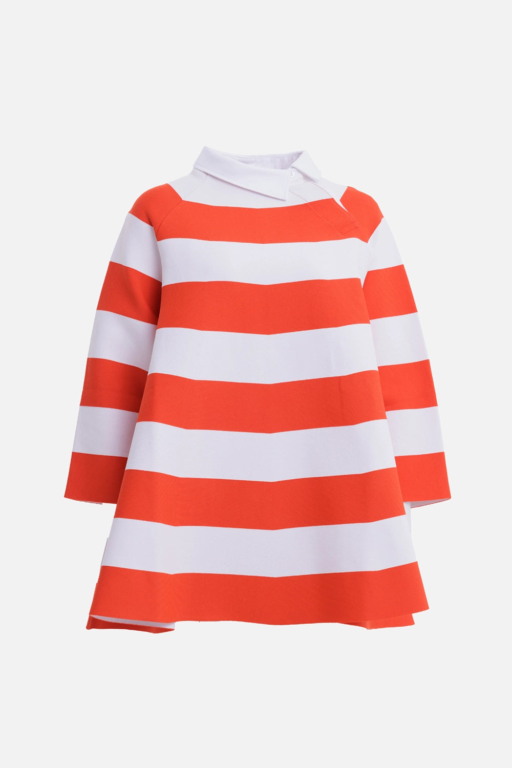 A.W.A.K.E. MODE women's knit mini dress in red and white, front view with bold horizontal stripes and flared silhouette