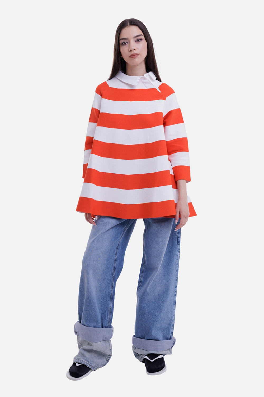 A.W.A.K.E. MODE women's knit mini dress in red and white, on-model full-length view with asymmetric polo collar