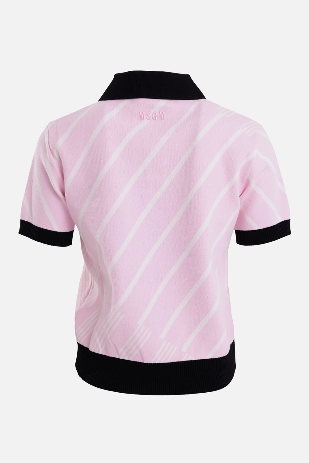 MSGM women's knit polo in pink, white and black, back view with tonal logo embroidery and black ribbed collar