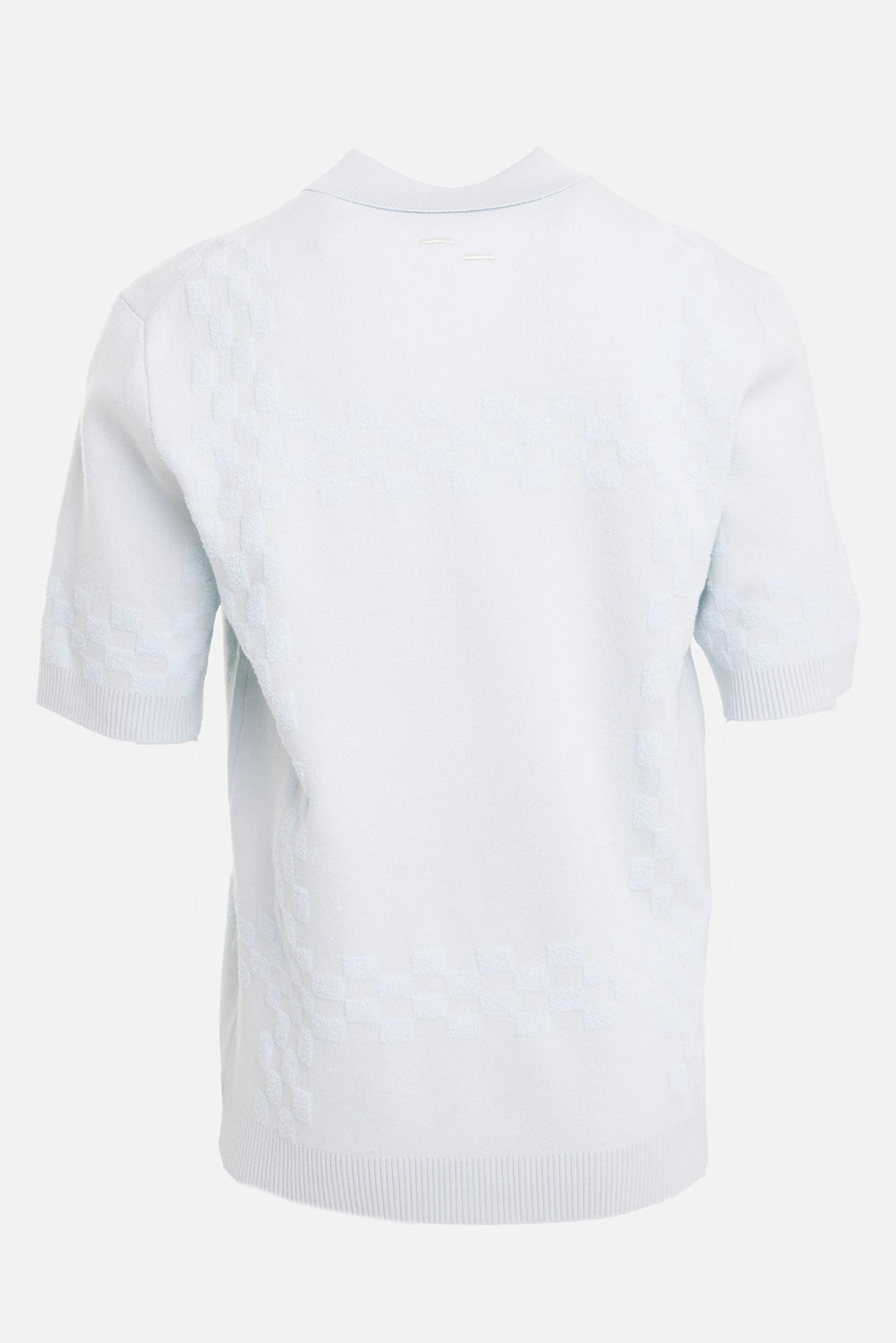 Filling Pieces men's Knit Resort Shirt in Skyway, back view with tonal jacquard and two white nape stitches