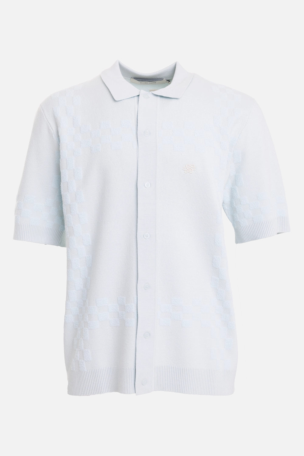 Filling Pieces men's Knit Resort Shirt in Skyway, front view with tonal checker jacquard and chest embroidery