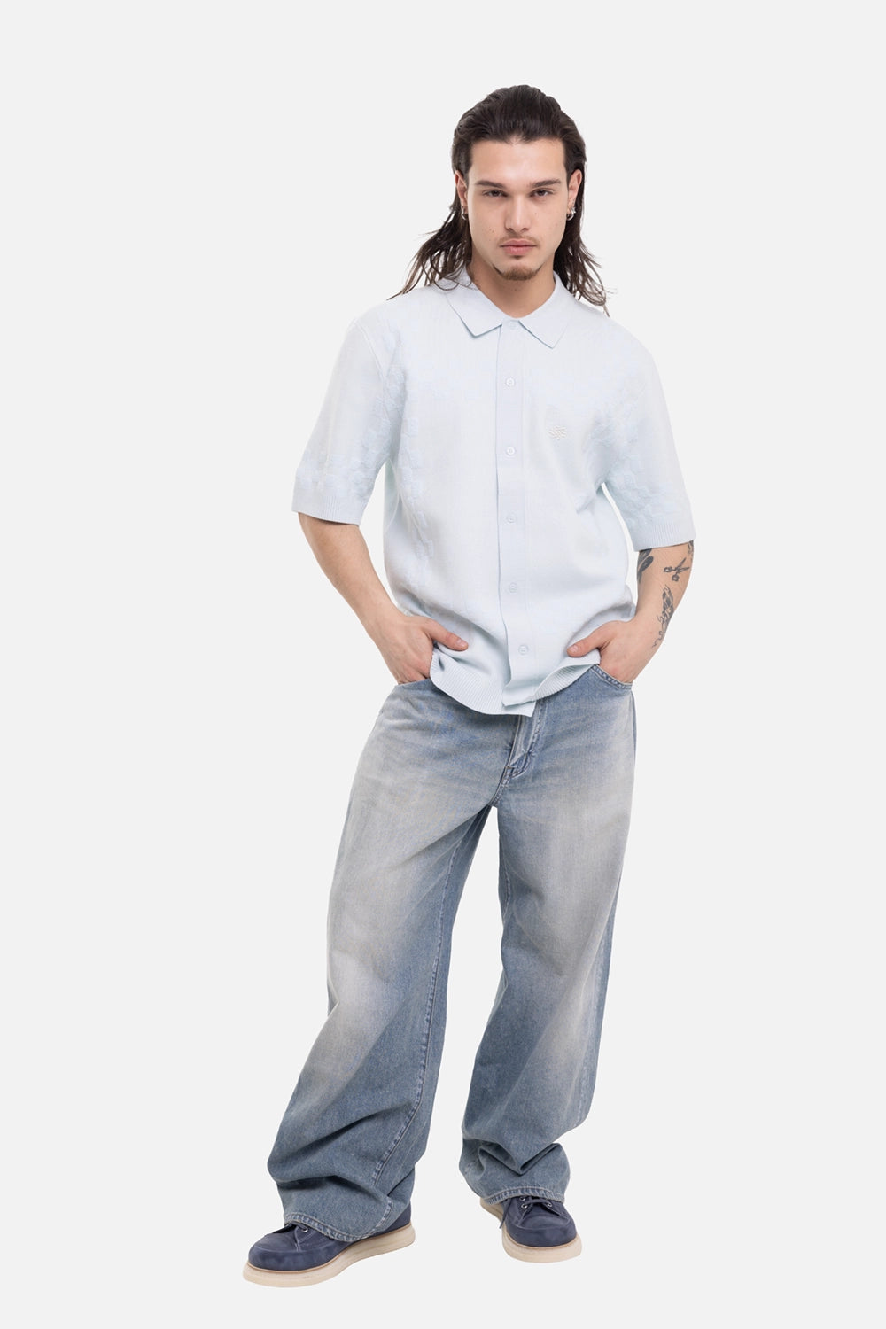 Filling Pieces men's Knit Resort Shirt in Skyway, on-model full-length with button front and ribbed hem