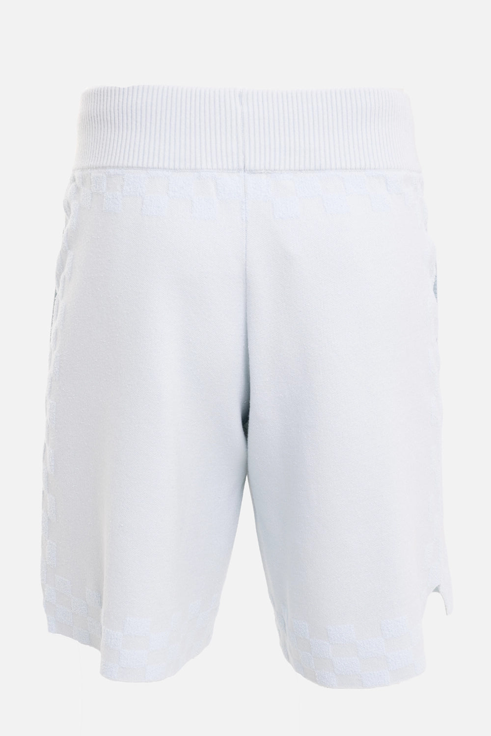 Filling Pieces unisex knit resort shorts in Skyway, back view, tonal checker hem and ribbed waist