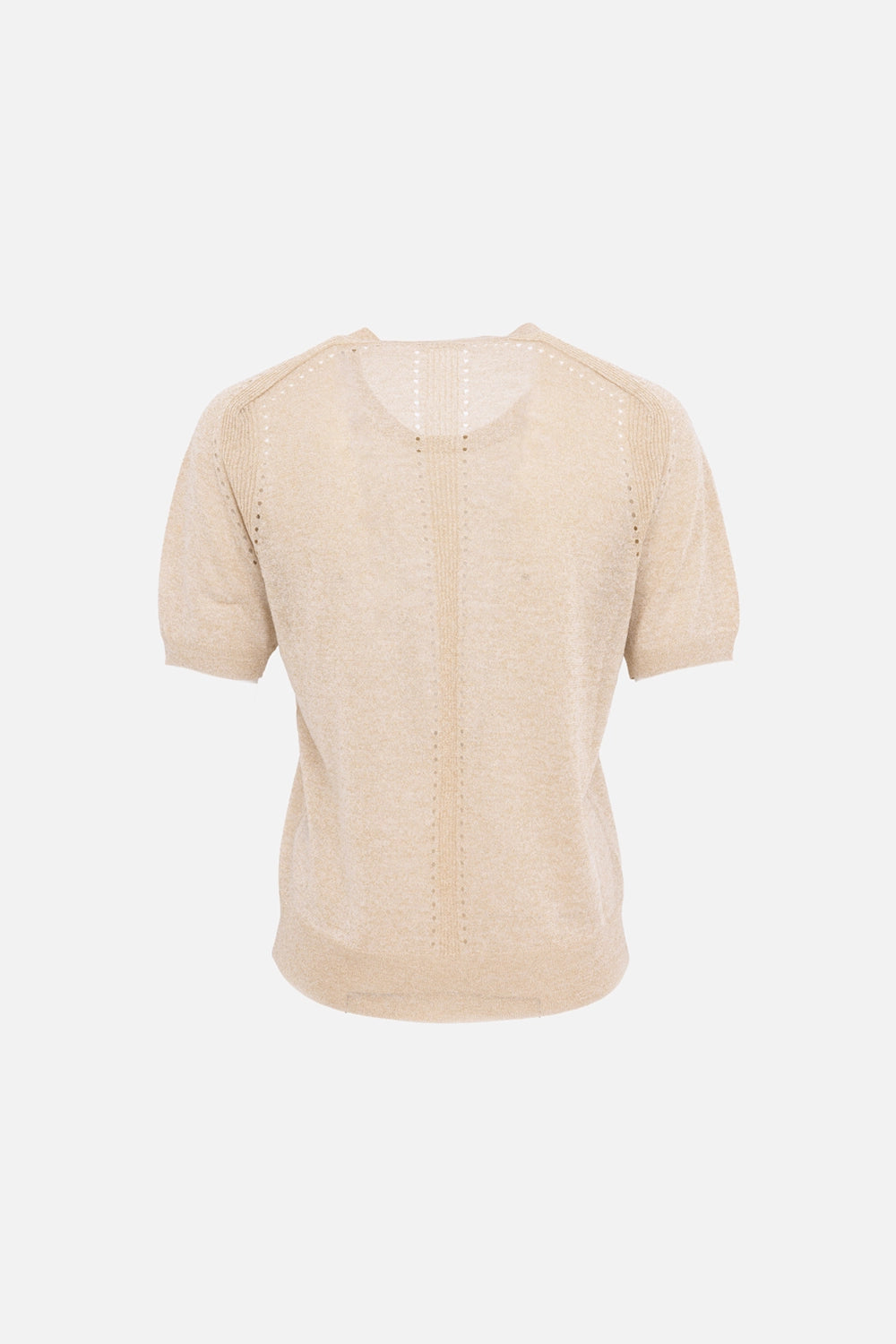 JOSEPH women’s knit top in gilt, back view, semi-sheer lurex knit with pointelle panels