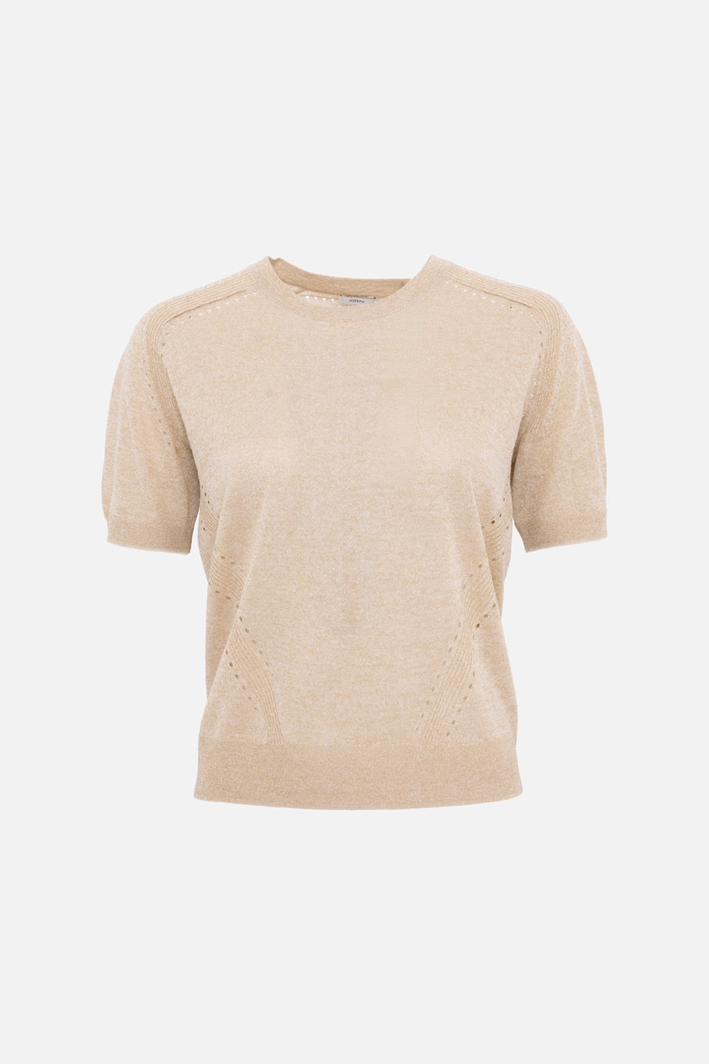 JOSEPH women’s knit top in gilt, front view, crew neck with delicate pointelle detail at shoulders