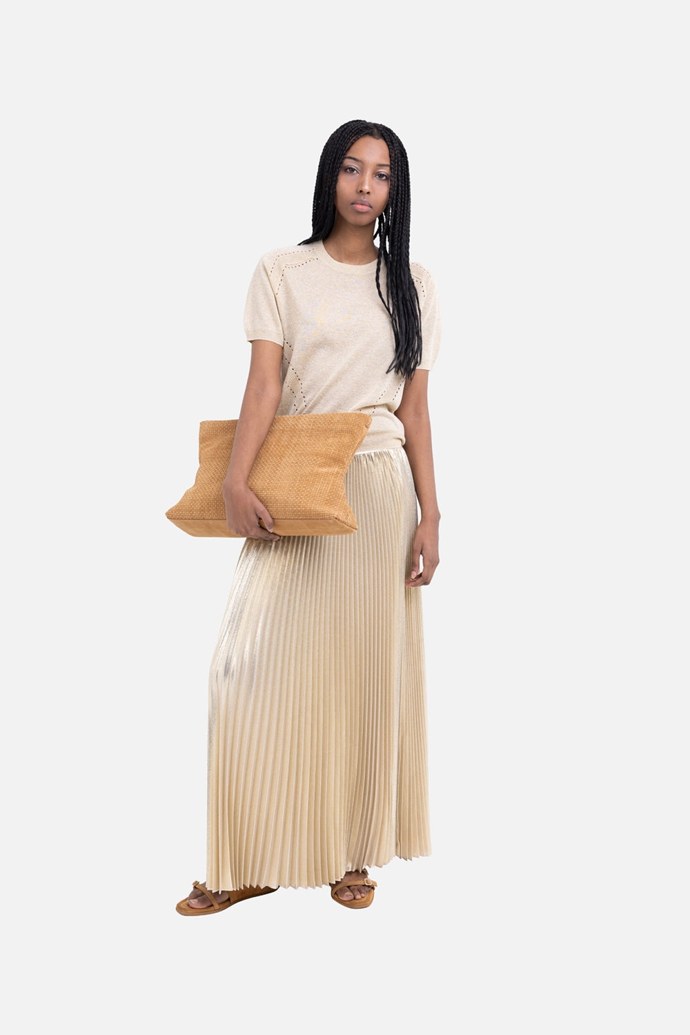 JOSEPH women’s knit top in gilt, on-model full length, short sleeves with metallic shimmer finish