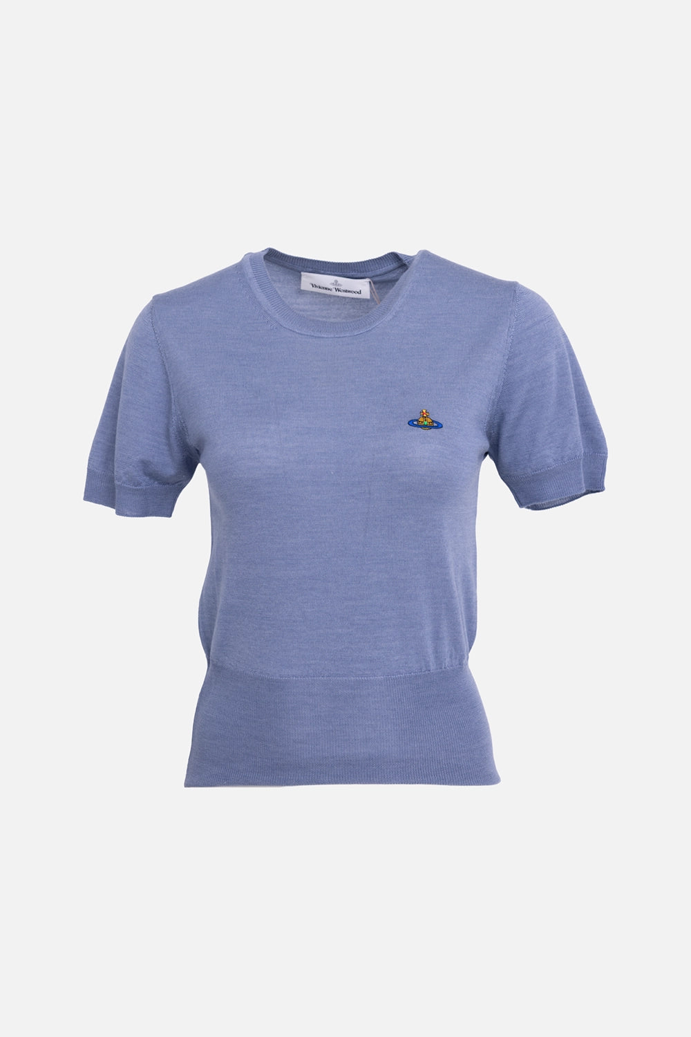 Vivienne Westwood womens knit top in ice blue, front view, crew neckline with short sleeves