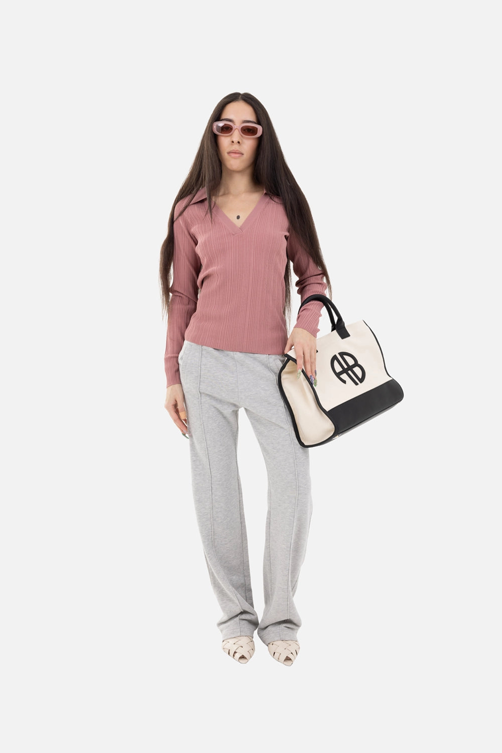 JOSEPH womens knit top in musk, on-model full-length, V-neck polo collar with long sleeves and ribbed plissé finish