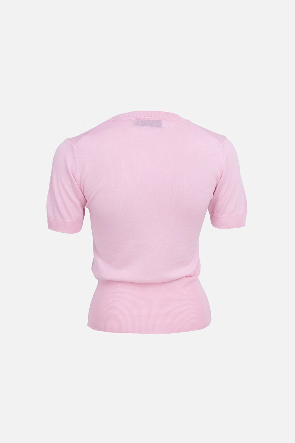 Vivienne Westwood womens knit top in pink, back view, short sleeves with clean ribbed trims