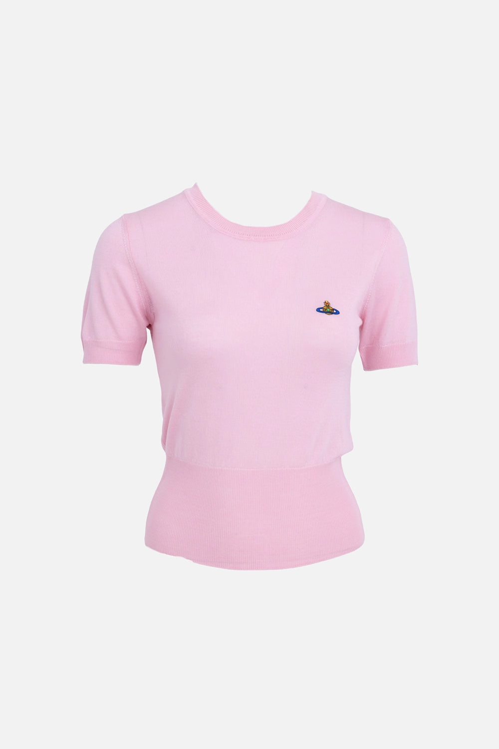 Vivienne Westwood womens knit top in pink, front view, crew neckline with ribbed hem