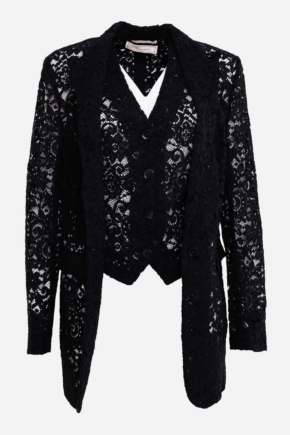 Blumarine women's lace blazer set in black, front view, notched lapels and sheer floral sleeves
