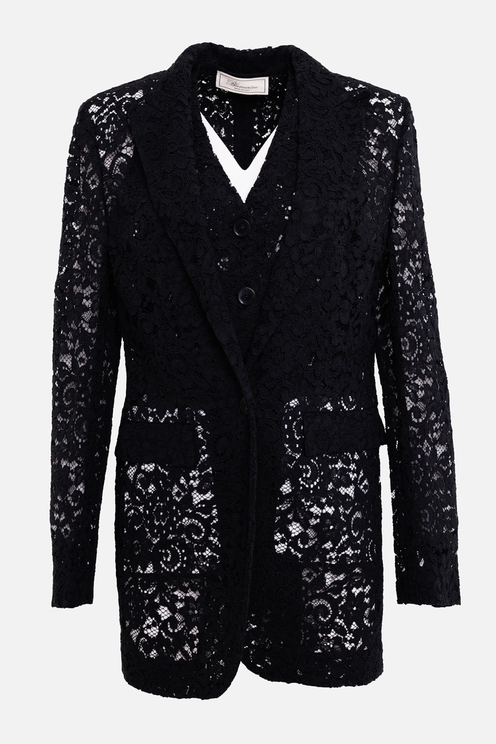 Blumarine women's lace blazer set in black, front view, open jacket over buttoned waistcoat