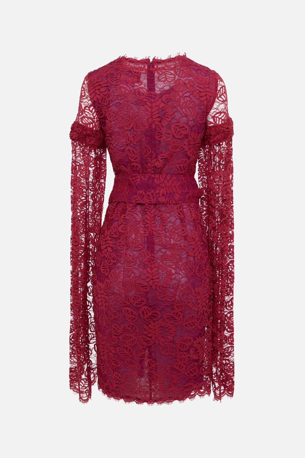 Pre-owned Chanel women's lace dress in burgundy, back view, sheer lace and scalloped hem finish.