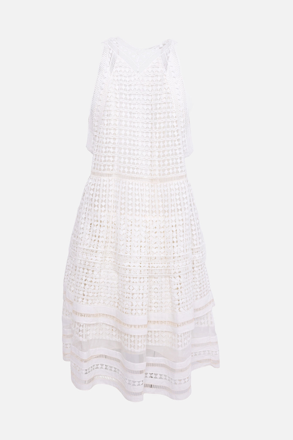 Pre-owned Chloé women's lace dress in milk, back view, sleeveless cut and tiered openwork panels