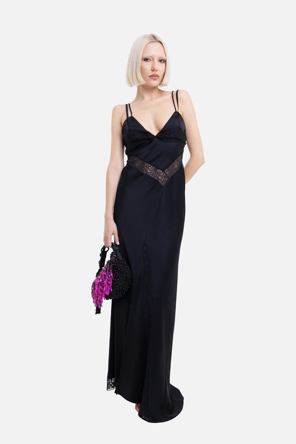 MSGM women's lace-panel satin maxi dress in Black, on-model full-length view, double straps and lace hem