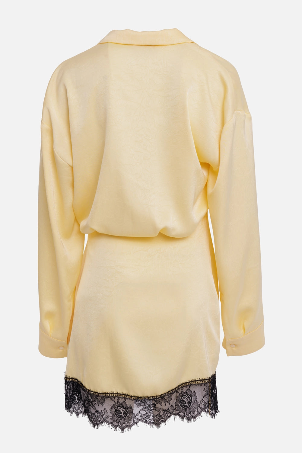 MSGM women's pale yellow satin mini dress, back view with dropped shoulders and scalloped black lace hem