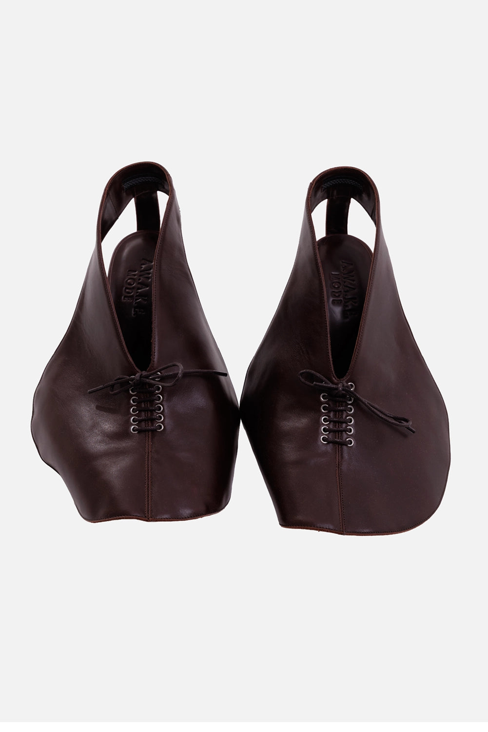 A.W.A.K.E. MODE women's brown leather sandals, front view with rounded toes, metal eyelets and lace-up vamps