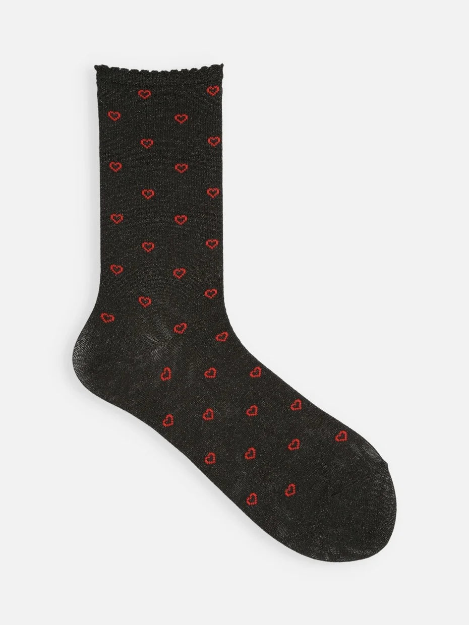 Tabio Lamé Heart Pattern Crew Socks, black with red hearts, side view, glittery texture, nylon-polyester blend.