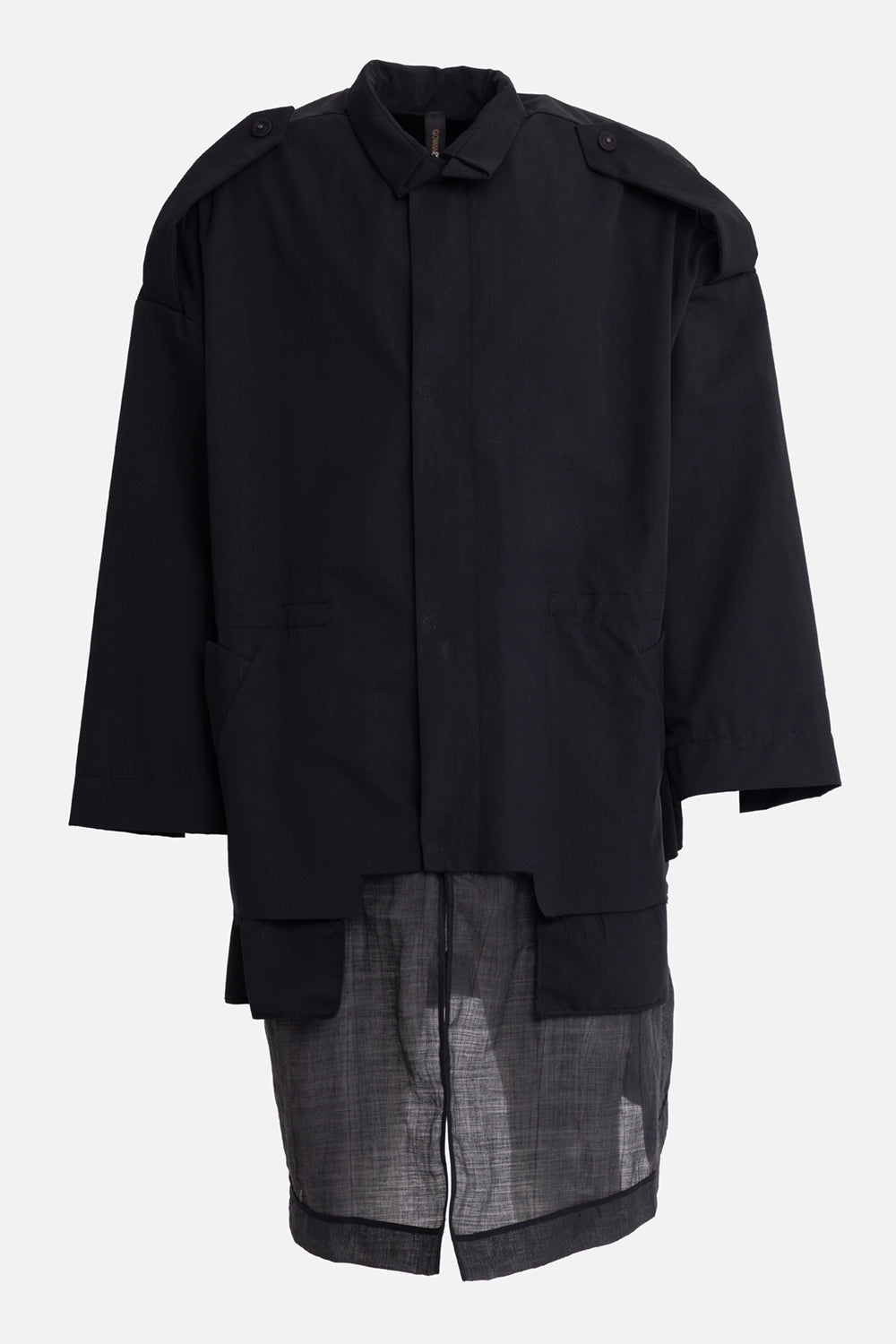Greg Lauren men's coat in black, front view, concealed placket, shoulder tabs and sheer hem panel