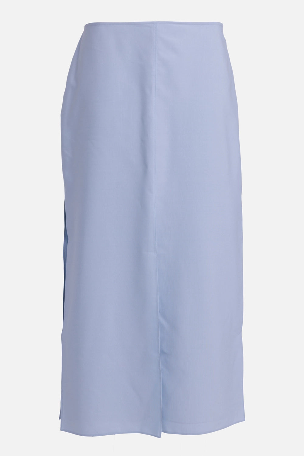 Ferragamo women's skirt in light blue, front view, center seam and front slit