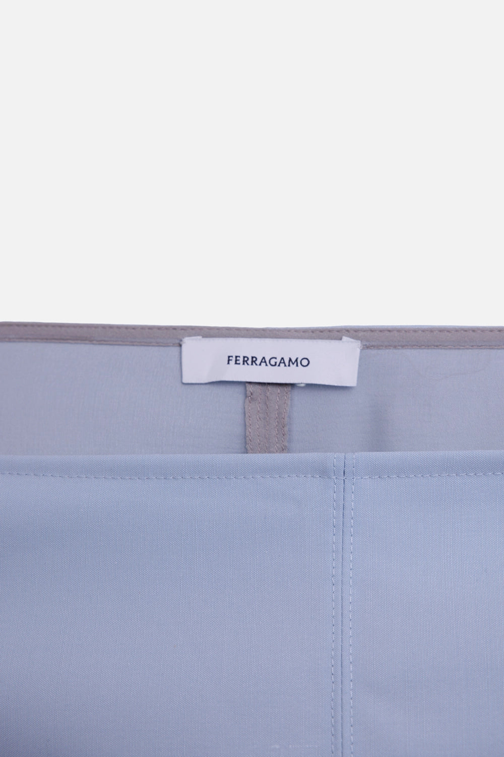 Ferragamo women's skirt in light blue, label detail, white brand tag and tonal waistband stitching