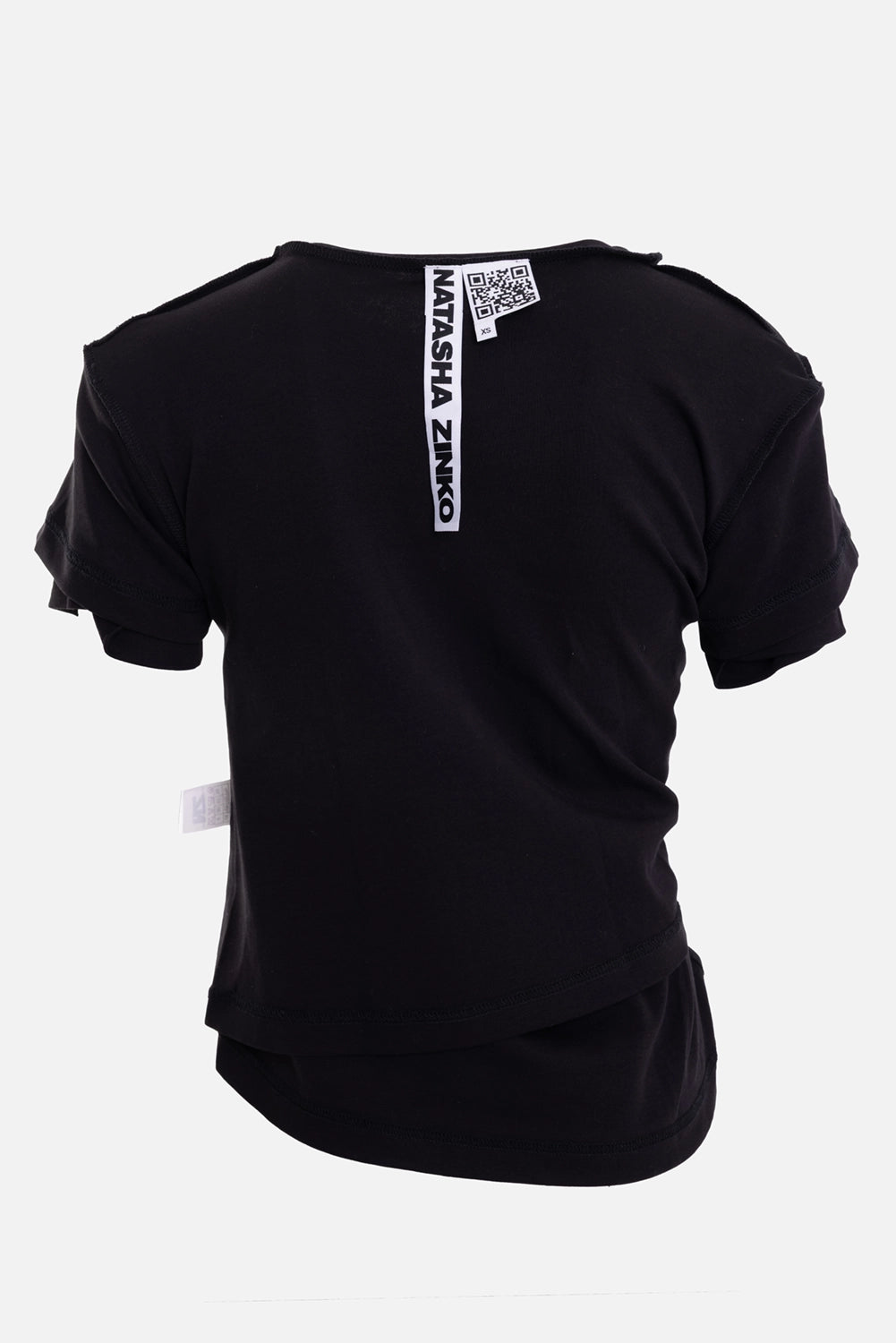 Natasha Zinko unisex layered T-shirt in black, back view, vertical logo tape and short sleeves