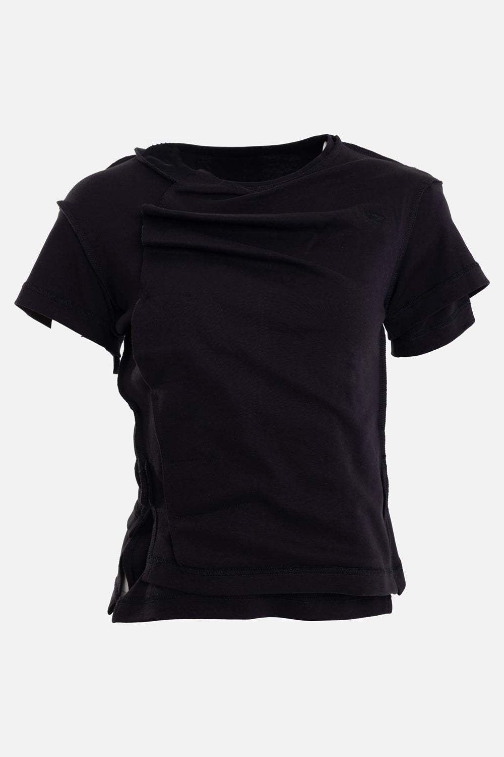 Natasha Zinko unisex layered T-shirt in black, front view, raw seams and draped double layer