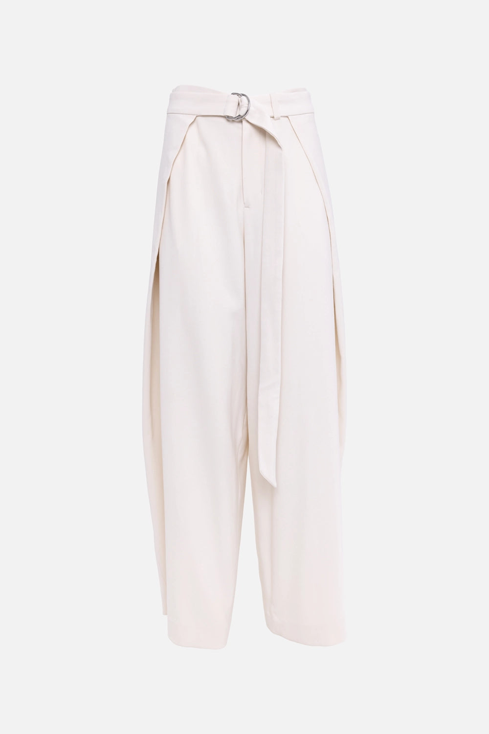 Pre-owned Ami women's layered wide-leg trousers in ivory, front view, floating panels and D-ring belt strap
