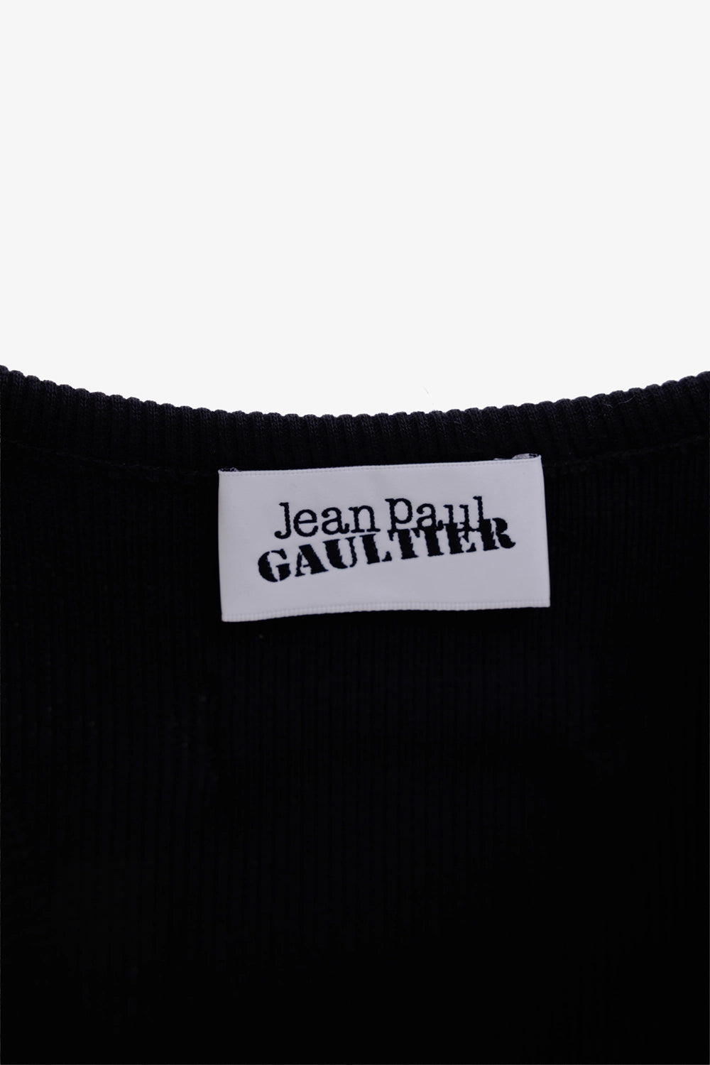 Jean Paul Gaultier women's dress in black and blue, label detail, white woven neck label on ribbed collar