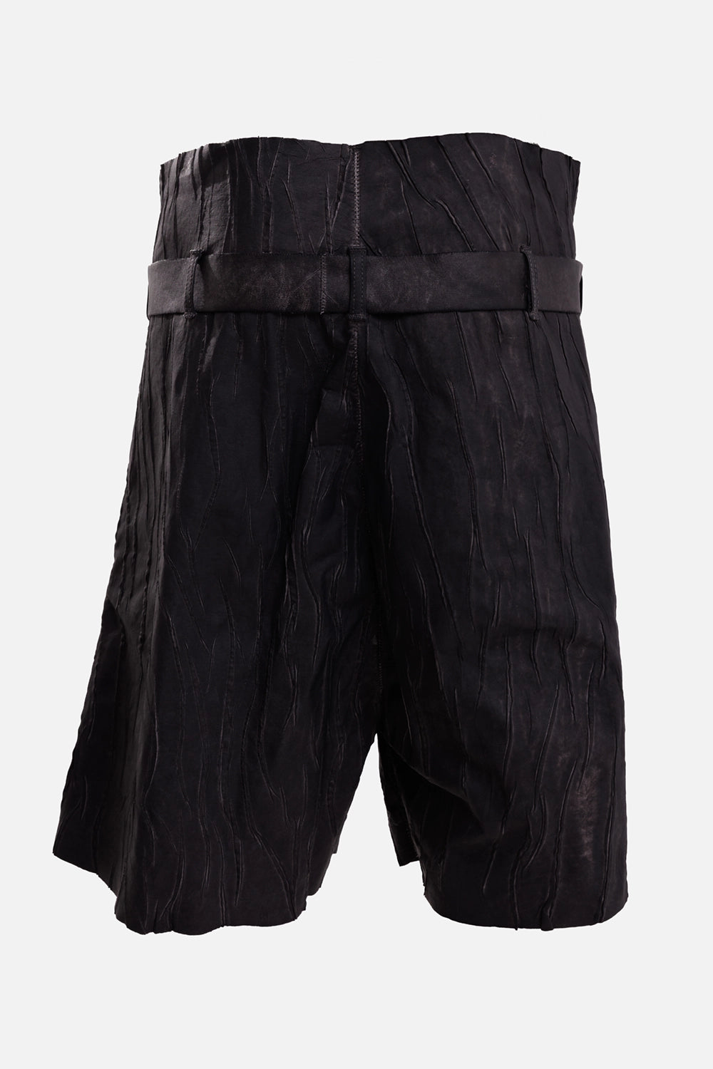 Isaac Sellam Experience women's black leather Bermuda shorts, back view with belt loops and rippled texture