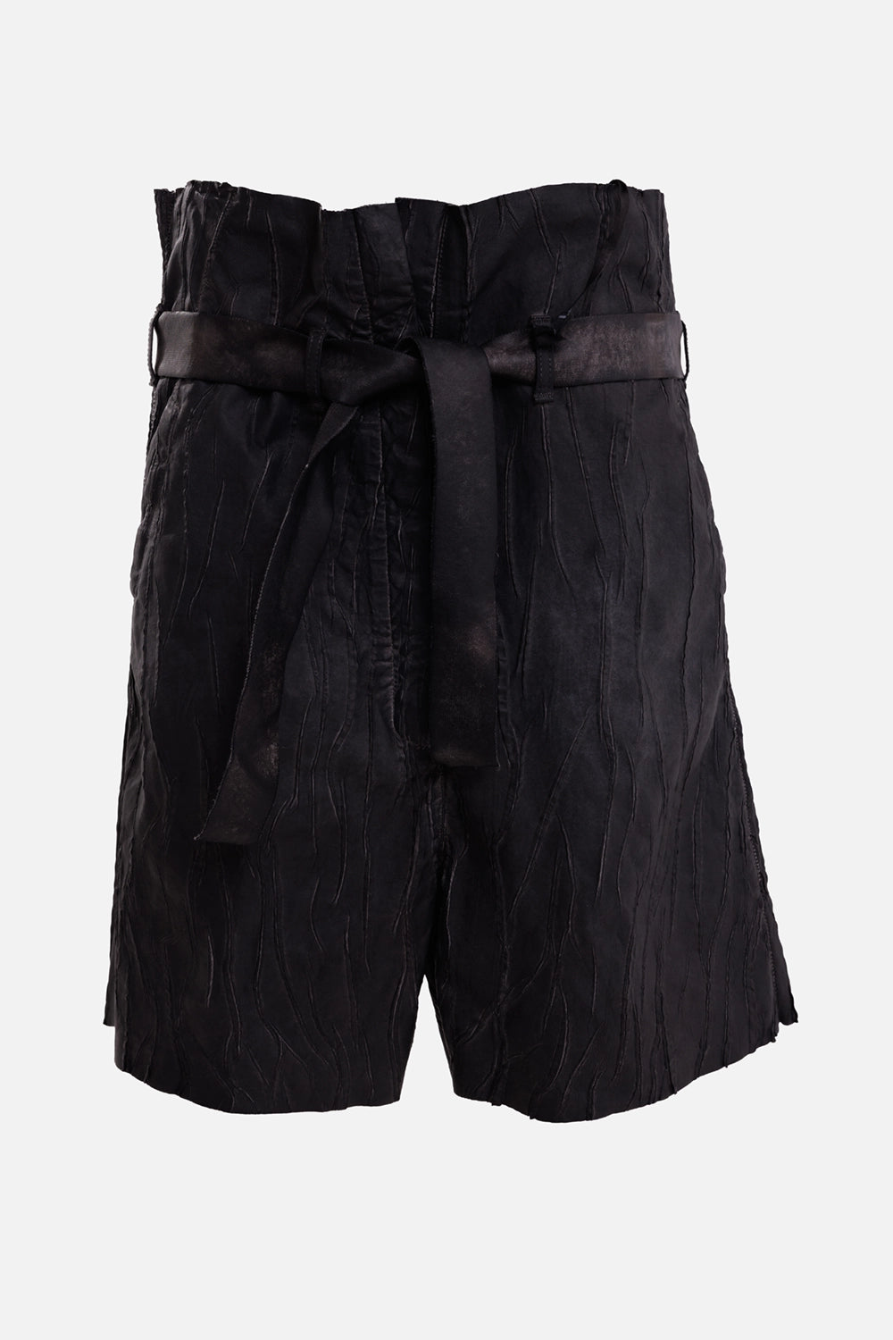 Isaac Sellam Experience women's black leather Bermuda shorts, front view with tie belt and slanted pockets