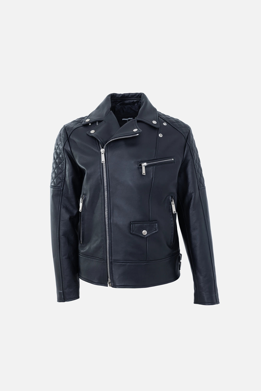 Pre-owned Dsquared2 men's leather biker jacket in black, front view, asymmetric zip and chest zip pocket