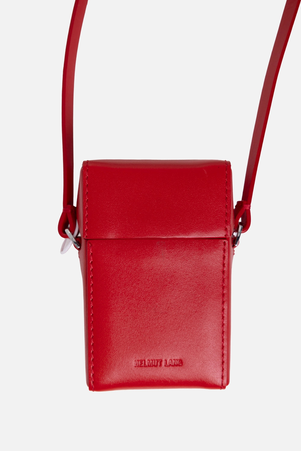 Helmut Lang leather case in adrenaline rush, close front view with layered flap and embossed front logo