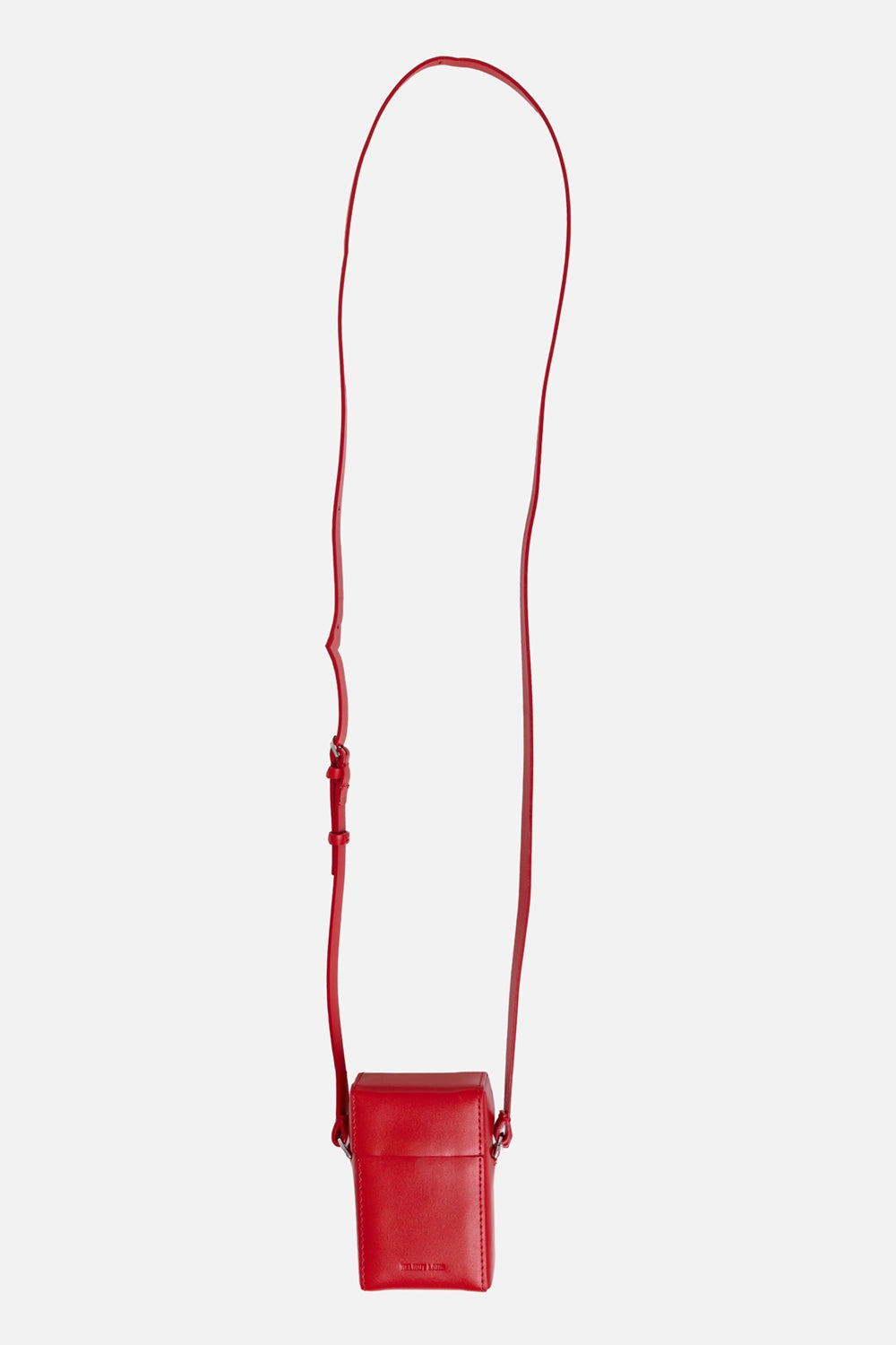 Helmut Lang leather case in adrenaline rush, front view with adjustable crossbody strap and silver-tone rings