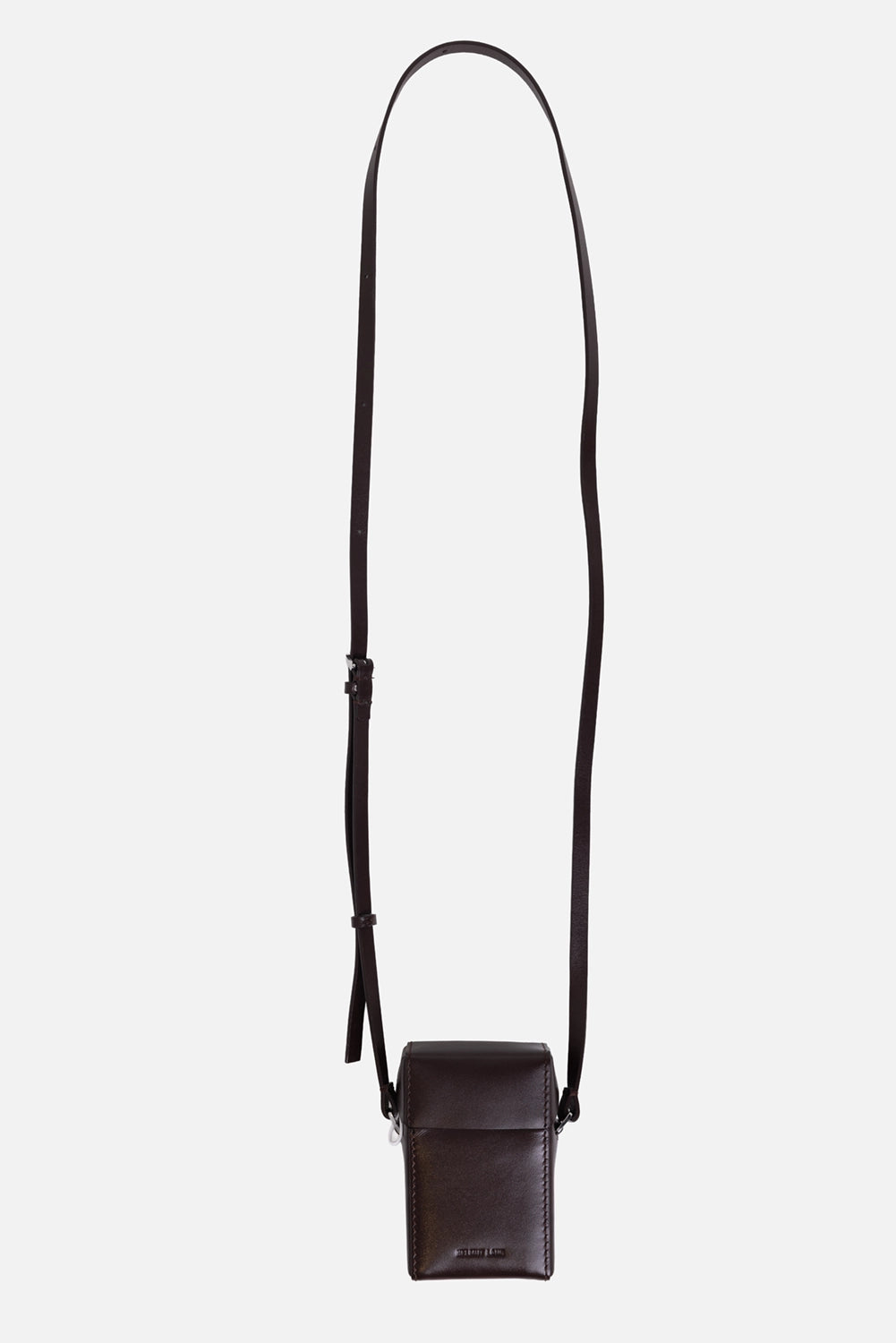 Helmut Lang leather case in mahogany, front view, long adjustable strap and clean flap front