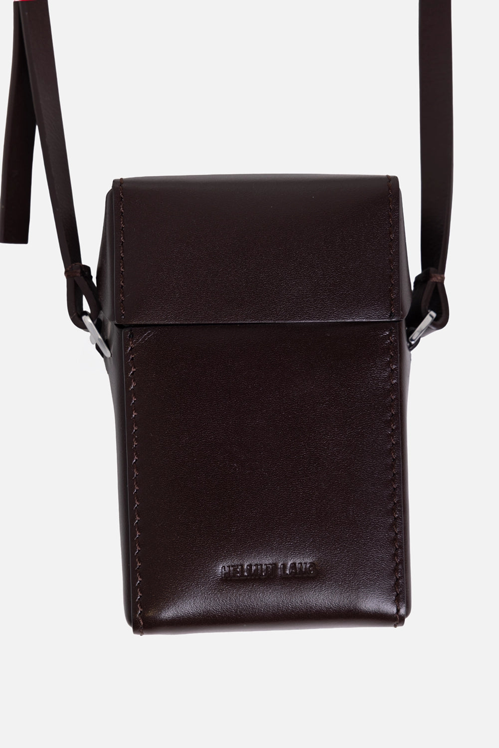 Helmut Lang leather case in mahogany, logo detail, embossed front logo, flap closure and edge stitching
