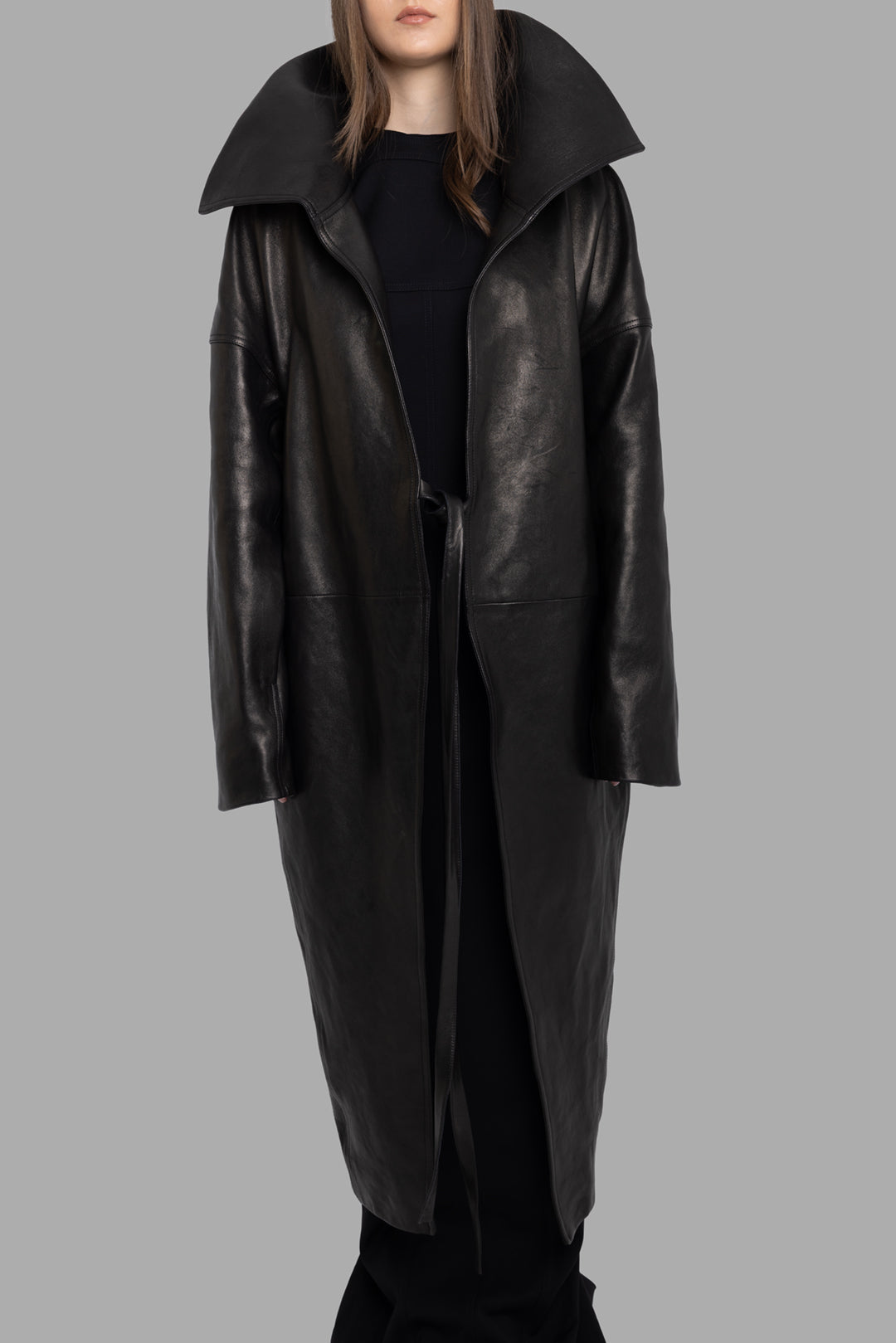 Rick Owens women's black lamb leather Dracucollar coat, front half-length view showing wrap belt and sculpted collar