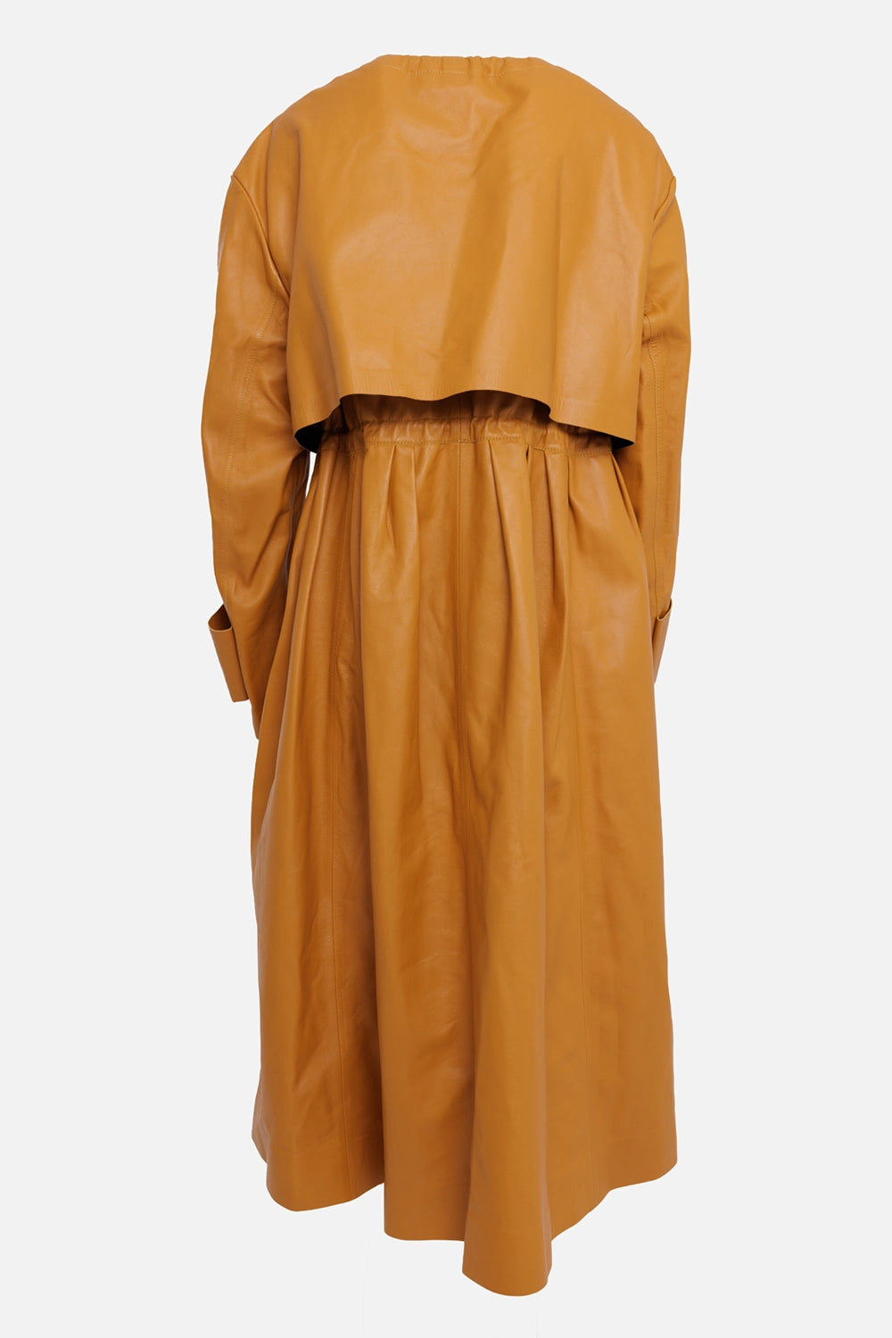 Marni women's leather coat dress in ochre, back view, cropped overlay and elastic waist