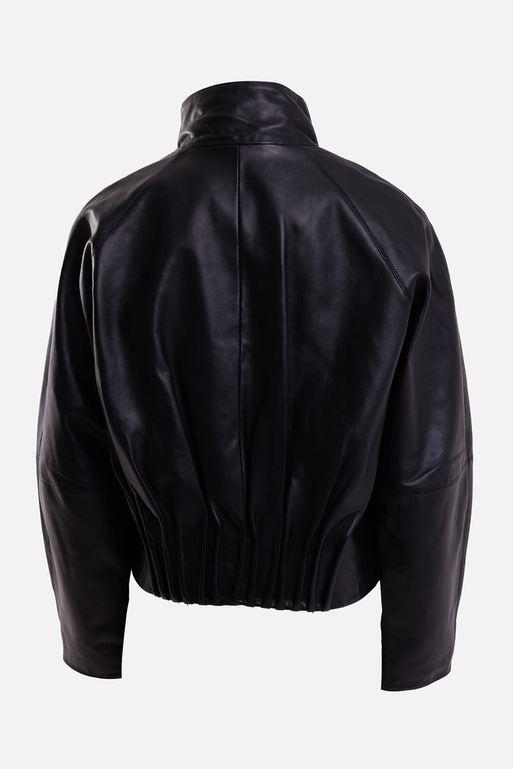 By Malene Birger women's black leather jacket, back view with raglan seams and pintucked gathered hem