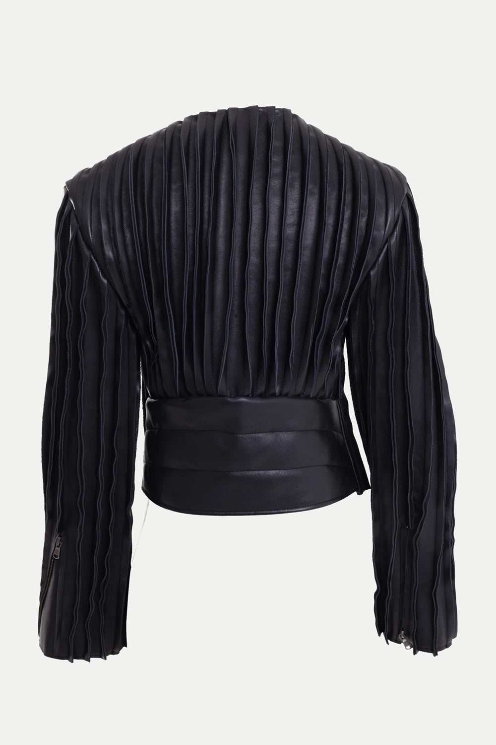 Torishéju women's leather jacket in black, back view, vertical pleats and smooth waist band