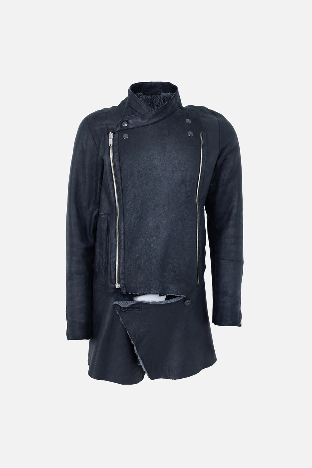 Pre-owned Ann Demeulemeester men's leather jacket in black, front view, high collar with dual zip front