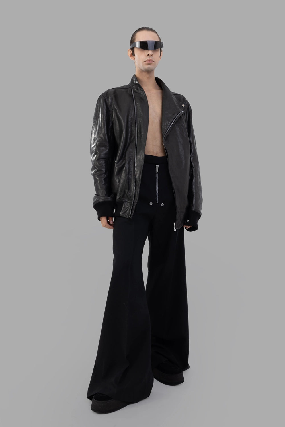 Rick Owens leather flight jacket in black, on-model full length, asymmetric front zip and funnel neck