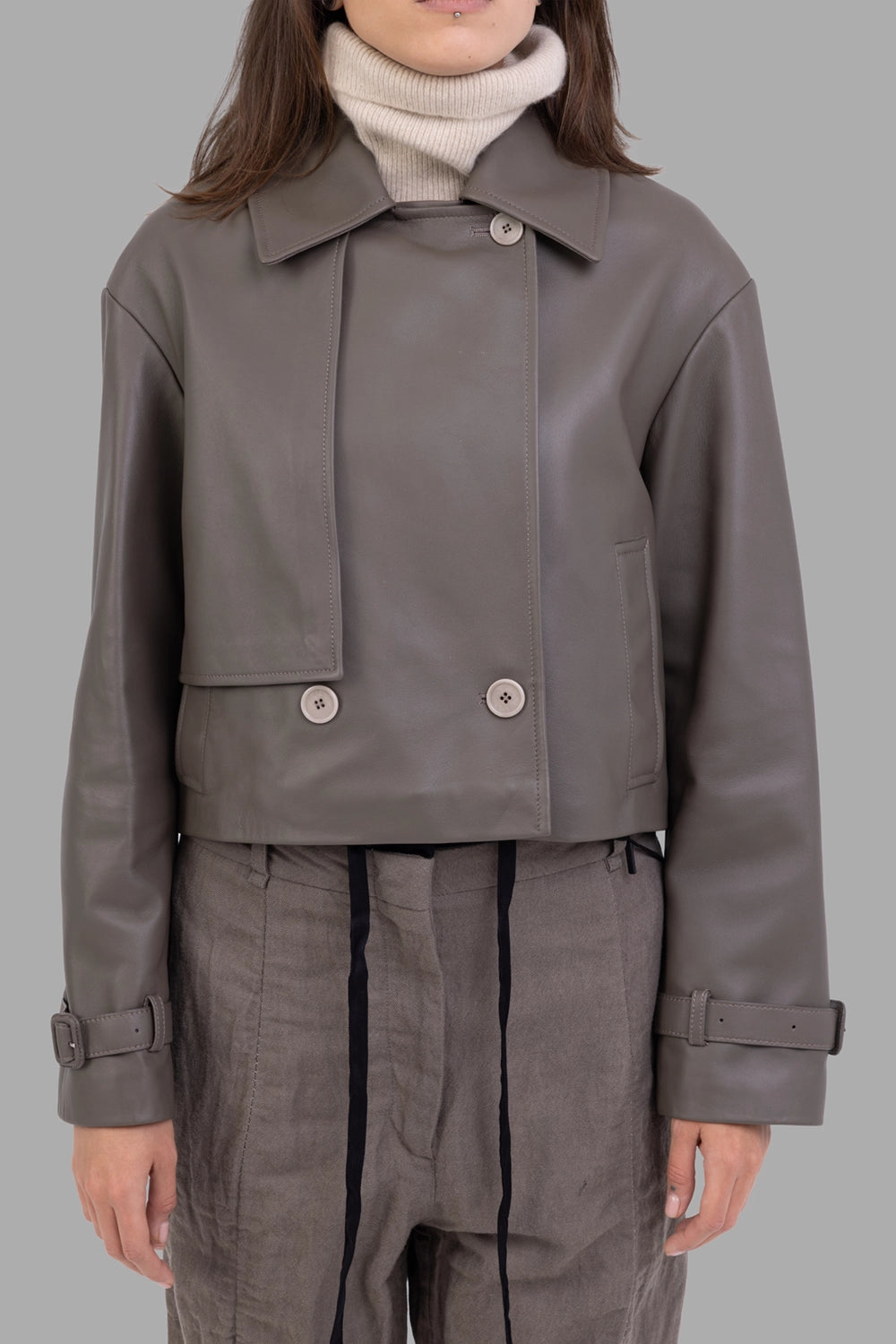 Joseph women's leather jacket in Mushroom, front view, double-breasted buttons and welt pockets