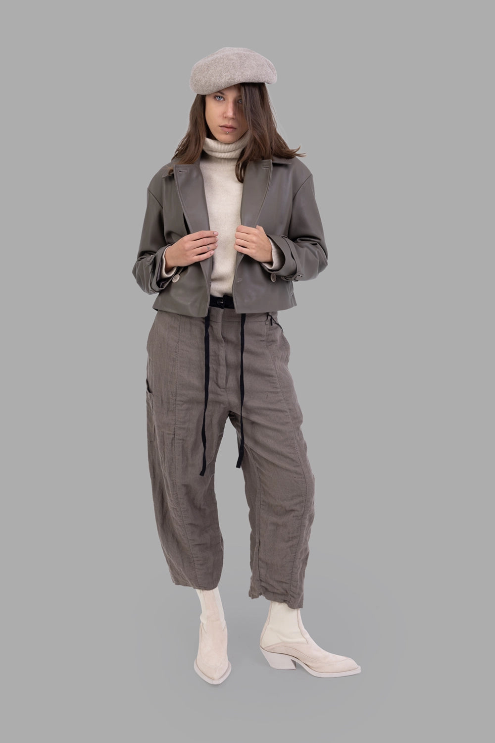 Joseph women's leather jacket in Mushroom, on-model full length, cropped cut with storm flap and lapels
